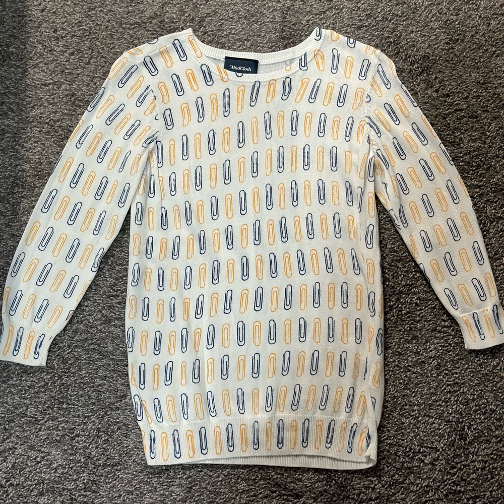 BEST OFFER ModCloth Quarter Sleeve White / Yellow / Gray Quirky/ Cute Sweater